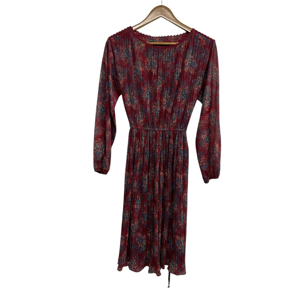 Hal Ferman Pleated Floral‎ Dress 12 Long Sleeve Midi Cottagecore Prairie Vintage
